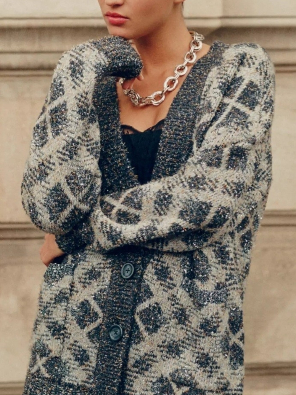 Maeve Metallic Gray Patterned V-Neck Cardigan
